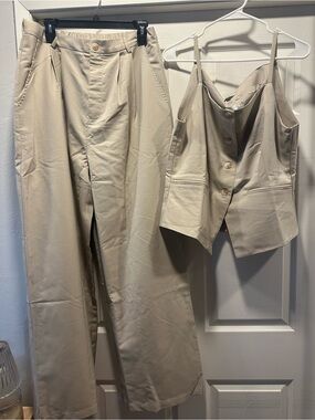 White Birch Beige Two-Piece Tailored High-Waist Trousers & Button Vest